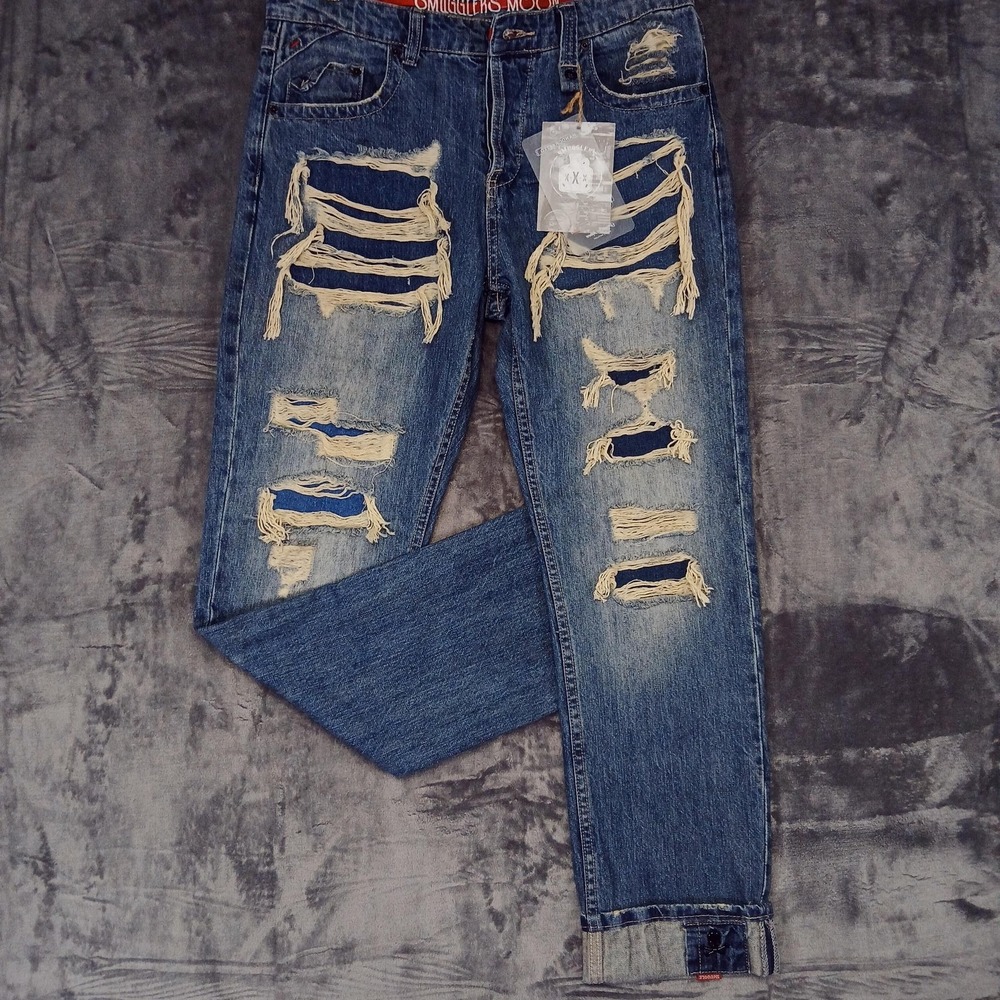 NWT Smugglers Moon Jean Men 34x32 Blue Distressed Ripped Button Fly Skull‎ Patch